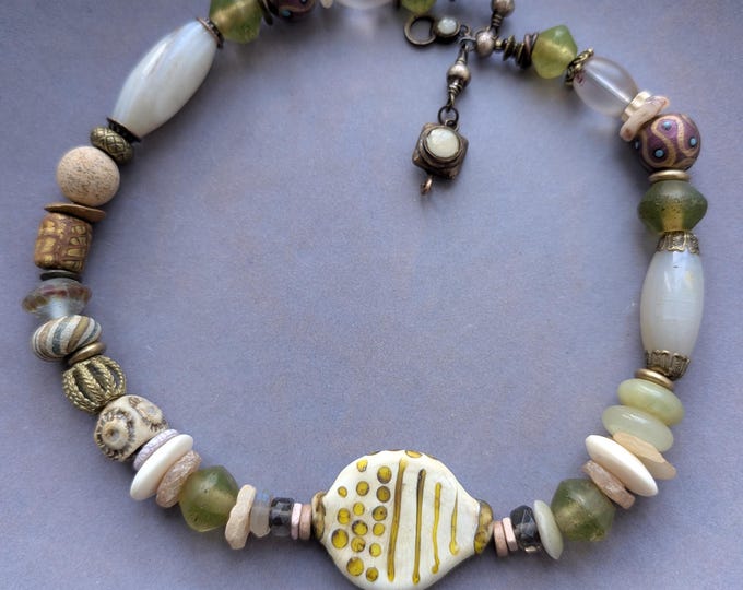 Artisan bead collar: "Winter Dune Grass" with antique beads and ancient agate
