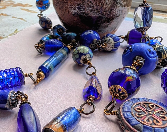 Storyteller Necklace (1 or 2 strands) : "Kingfisher Blue" - Elegant Heirloom artisan antique bead