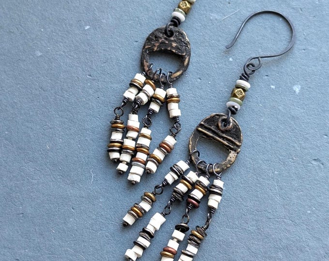 Bones of Angelsea: delicate dancing earrings with antique microbeads on artisan frames