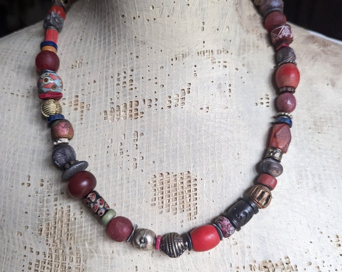 Fire: simple, chunky, rustic strand for the neck with trade beads in smoldering reds by alienBeadings