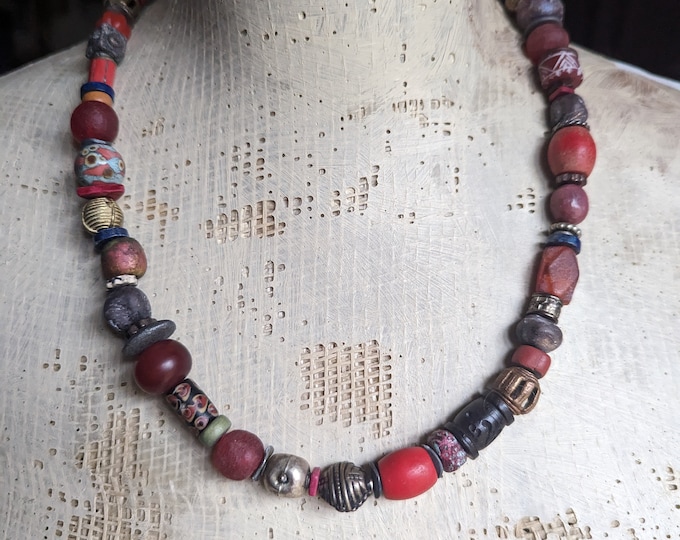 Fire: simple, chunky, rustic strand for the neck with trade beads in smoldering reds by alienBeadings