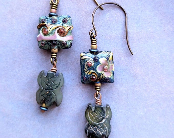 Bats and Flowers:  lampwork and carved jade simple dangle earrings by alienBeadings