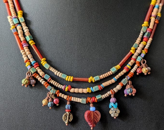 Ancient Style Seed Bead 5 Strand Set - Iridescent Dangles