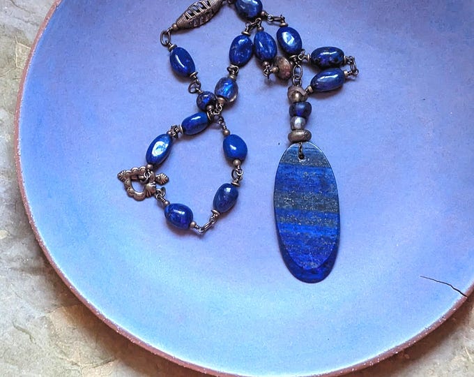 DREAMVERSION of a  LAKE - spectacular Lapis Lazuli pendant necklace with artisan lampwork and antique lost wax cast trade beads