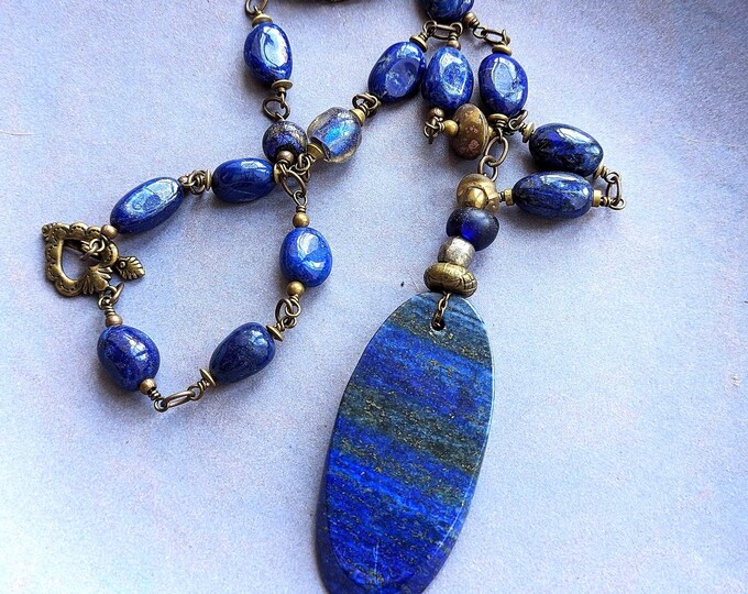 Lapis Lazuli Pendant Necklace: Artisan Lampwork, Antique Trade Beads