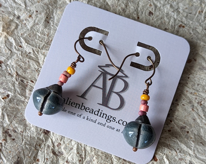 Gourds: artisan ceramic beads with tiny trade bead dangler earrings by alienBeadings