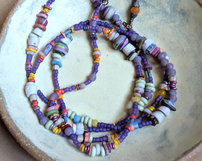 Ancient Style Seed Bead Strand: Violet, Persimmon, Celadon Necklace