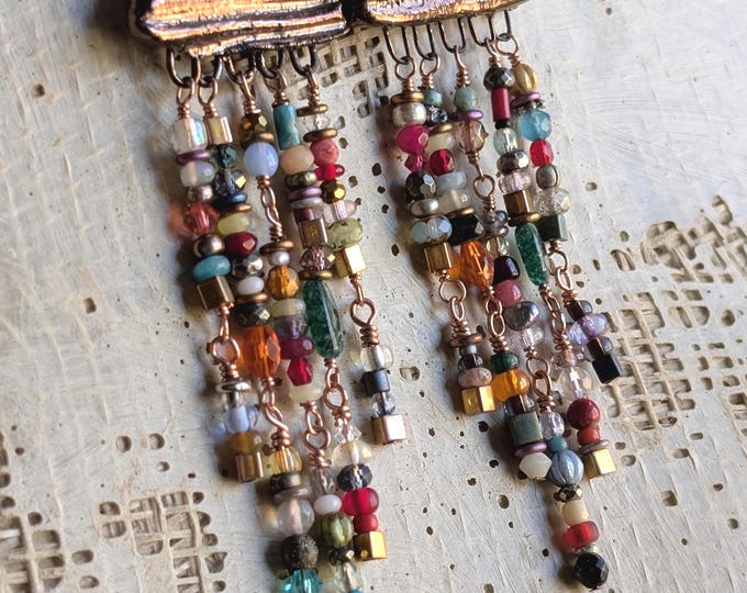 Warm golden dancing jewel earrings: long boho dangles with tiny gemstone and glass links