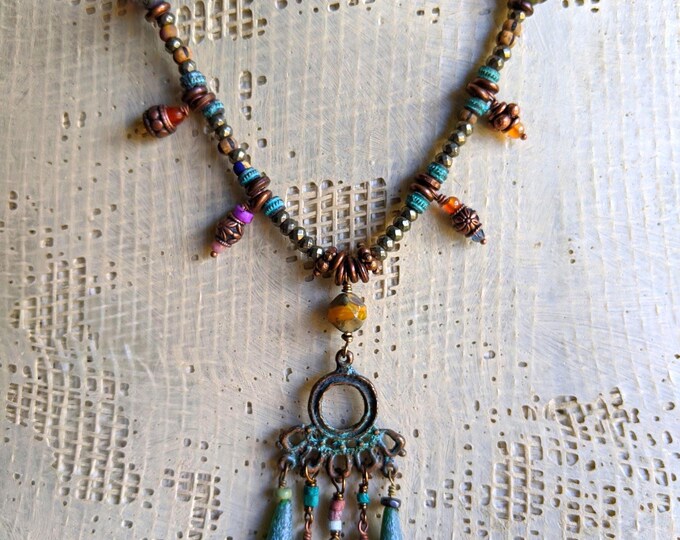 Mycenaean Princess: Boho chandelier necklace with tiny dangles and patina bronze by alienBeadings