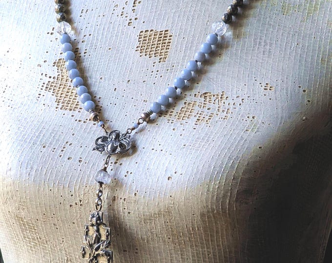 Grace: Rosary necklace with antique thistle cross and gemstone strands in natural brass