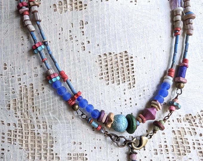 Ancient Style Bead Strand: Rustic Blues, Maroon & Coral Necklace