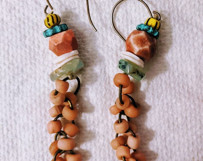 Rare Berries: Funky wabi-sabi bead earrings in coral and greens by alienBeadings