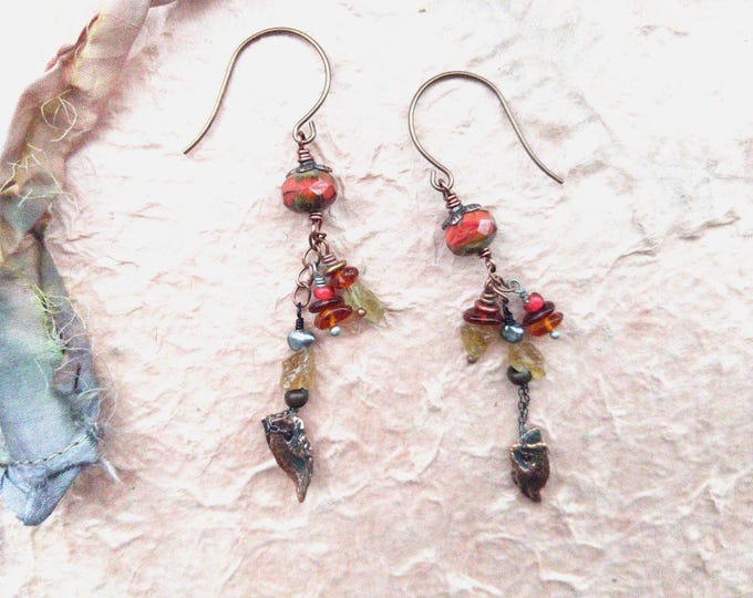 Winterfruit: Delicate coral, carnelian, green garnet, keishi pearl dangle earrings by alienBeadings