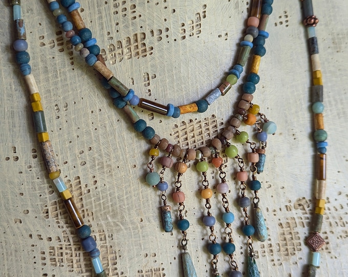 Merimde Baubles: Ancient Egyptian style necklace set with rustic beads and gemstone dangles