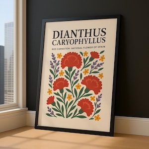 Retro Spanish Carnation Print, Botanical Digital Poster | Folk Flower Wall Decor, National Flower of Spain Decor, Vibrant Floral Art