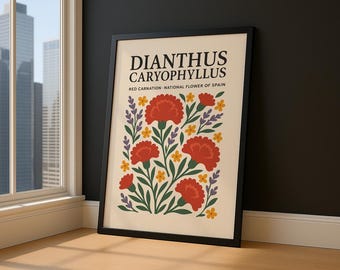 Retro Spanish Carnation Print, Botanical Digital Poster | Folk Flower Wall Decor, National Flower of Spain Decor, Vibrant Floral Art