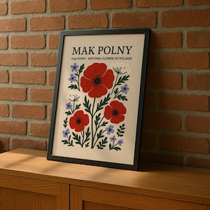 Stampa artistica di papaveri polacchi retrò, poster digitale botanico / decorazione murale con fiori popolari, decorazione con fiore nazionale polacco, vivace arte floreale