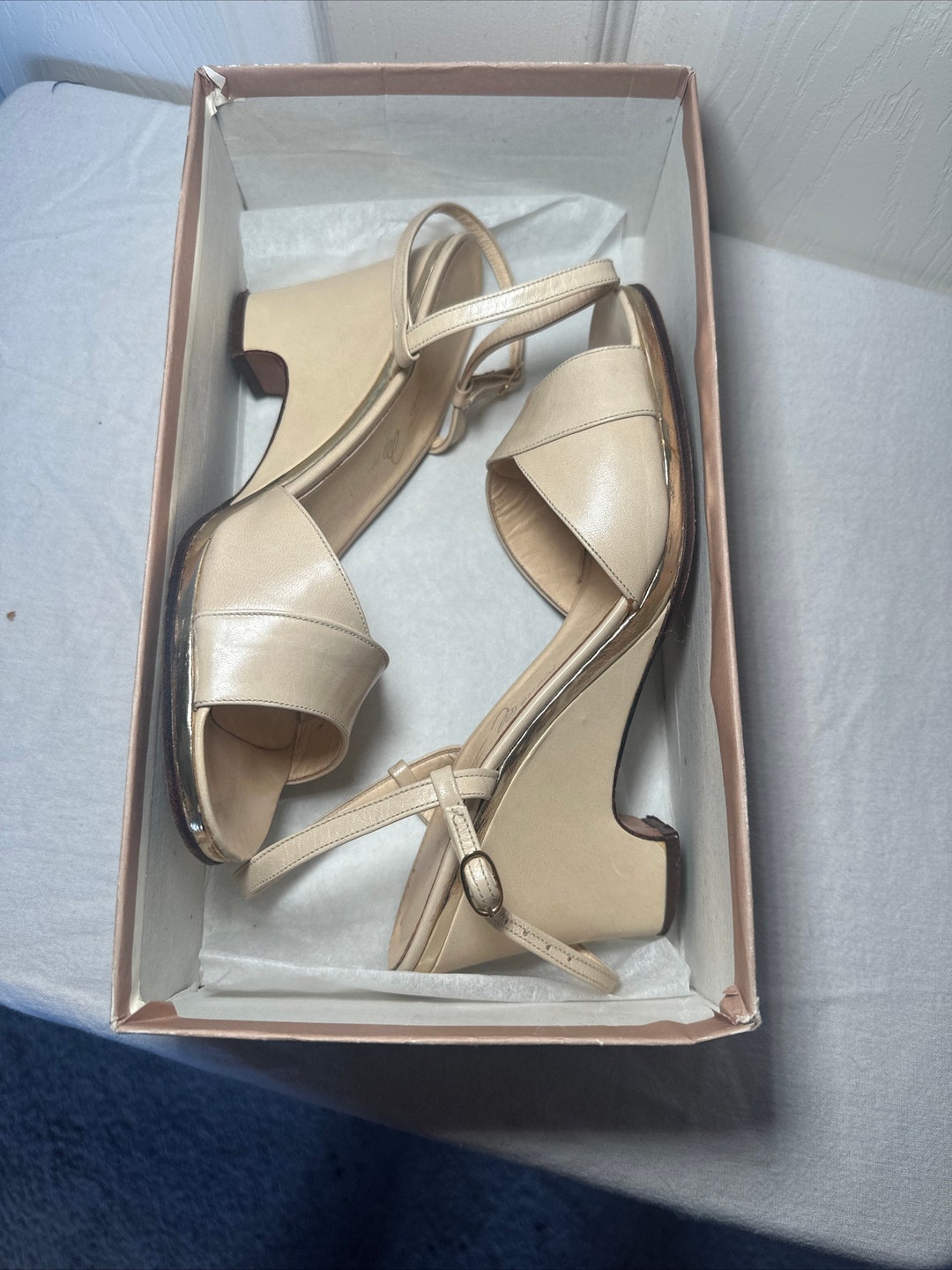 VTG NIB Sesto Meucci Beige Leather Slingback Ankle Strap Heels – Size 7N