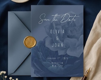 May include: A navy blue wedding invitation with the text "Save the Date" and the names Olivia & John. The invitation features a floral design and is accompanied by a matching envelope, a wax seal, a candle, and a pen.