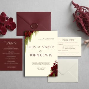 Moody Burgundy Orchid Wedding Invitation Suite, Editable Canva Template (Digital Download) | 4 template bundle