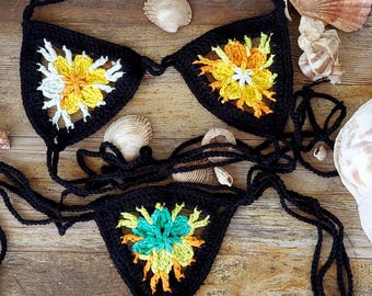 Black Crochet Bikini, Tiny Bikini Set, Mesh Knit See Through Bathing Suit, Thong String Bikini, Floral No Coverage Bikini