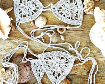 Gray Crochet Bikini Set, See-through Swimsuit Set, Brazilian Extreme Lace Thong Bikini, Sexy Y String Bikini, Floral Mesh No Coverage Bikini