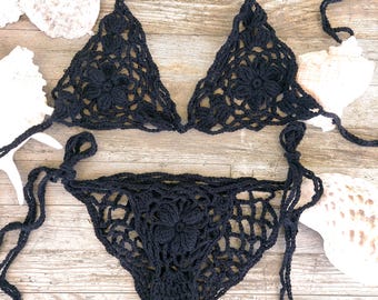 Sheer Crochet Bikini Set, See Through Knit Swimwear, Micro Thong Bottom, Barely There Black Festival Bikini, Extreme Knit Lingerie Look