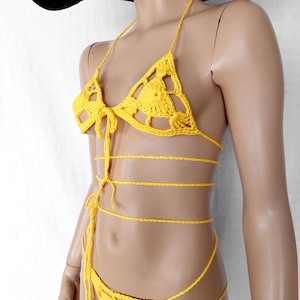 Microbikini Set, Minimal coverage Crochet Bikini, Festival Rave Swimwear, Sexy Beachwear, Tiny Yellow Bikini, String Crotch Bikini Bottom
