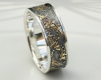Gold Chaos with Silver Edges - Sterling Silver and 18k Gold Mens Wedding Band