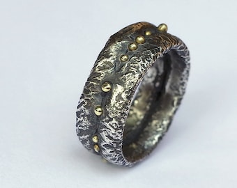 Wide Rustic Ring with Gold Dots - Chunky Oxidized Silver Men's Ring with 18k Gold, Size 10.5