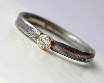 Rustic Diamond with 3mm Diamond - Conflict Free Engagement Ring, Sterling Silver and 18k Gold