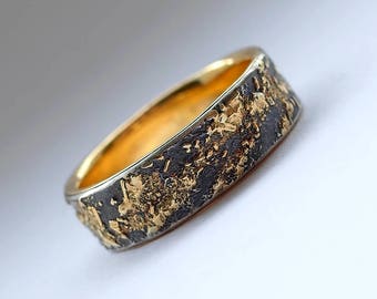 Gold Chaos with Gold Lining 6mm Wide - Unique Men&#39;s Wedding Band, 18k Gold and Oxidized Sterling Silver