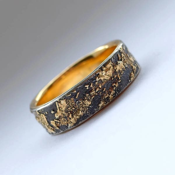 Gold Chaos with Gold Lining 6mm Wide - Unique Men's Wedding Band, 18k Gold and Oxidized Sterling Silver