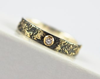 Gold Chaos - Tiny Diamond, Oxidized Silver and 18kt Gold Alternative Rustic Engagement Ring