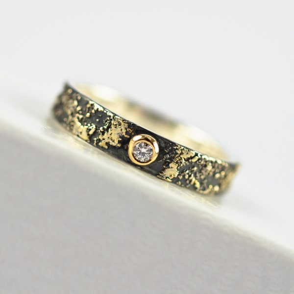 Gold Chaos - Tiny Diamond, Oxidized Silver and 18kt Gold Alternative Rustic Engagement Ring