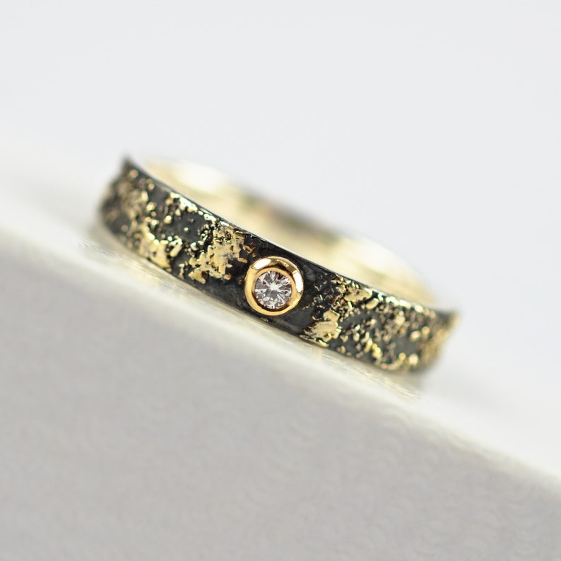 Gold Chaos Tiny Diamond, Oxidized Silver and 18kt Gold Alternative Rustic Engagement Ring image 1