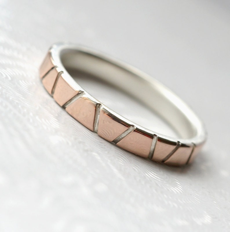 Lines in Rose Gold Sterling Silver and 14k Rose Gold Wedding Band, Modern and Unique image 1