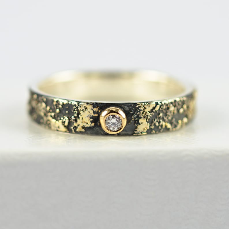 Gold Chaos Tiny Diamond, Oxidized Silver and 18kt Gold Alternative Rustic Engagement Ring image 2