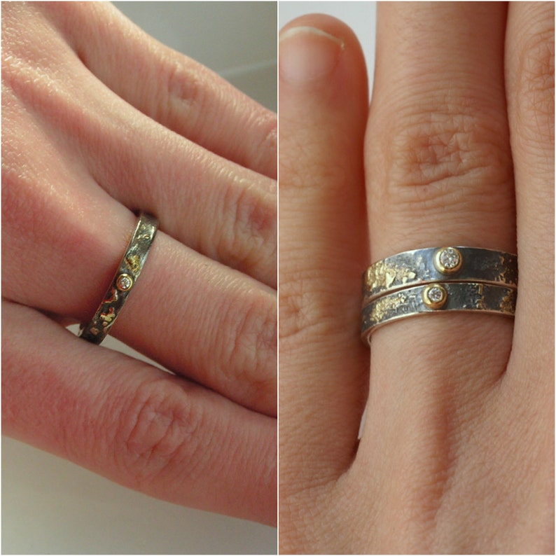 Gold Chaos Tiny Diamond, Oxidized Silver and 18kt Gold Alternative Rustic Engagement Ring image 9