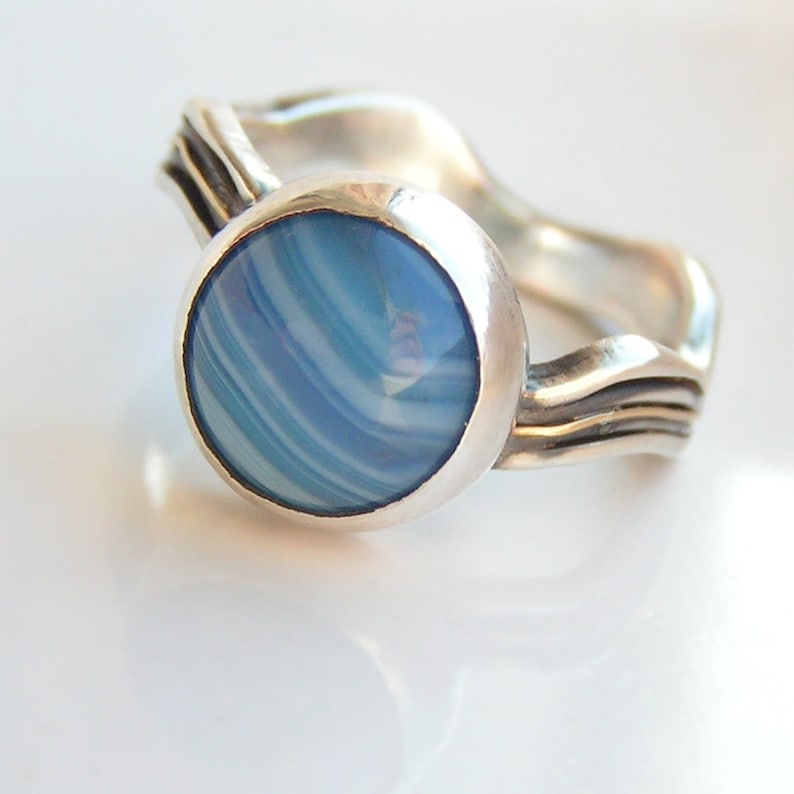 River Ring Sterling Silver and 18ct Yellow Gold Unique Ring with Blue Agate