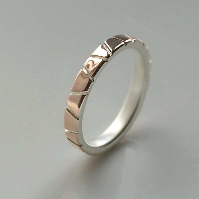Lines in Rose Gold Sterling Silver and 14k Rose Gold Wedding Band, Modern and Unique image 4