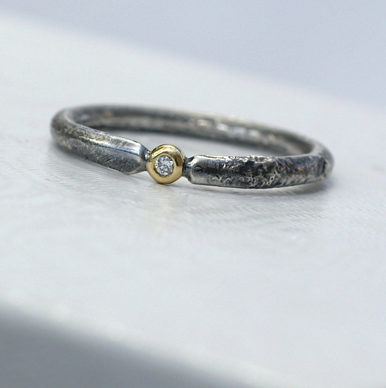 Rustic Diamond Unique Engagement Ring with Small Diamond, Sterling Silver and 18k Gold, Conflict Free image 2