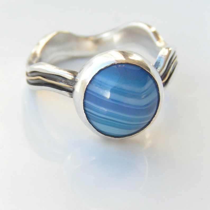 River Ring Sterling Silver and 18ct Yellow Gold Unique Ring with Blue Agate