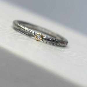 Rustic Diamond Unique Engagement Ring with Small Diamond, Sterling Silver and 18k Gold, Conflict Free image 3