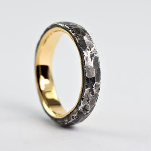 Hammered Rustic Ring with Gold Lining for Him, Sterling Silver and 18k Gold Mixed Metals Wedding Band