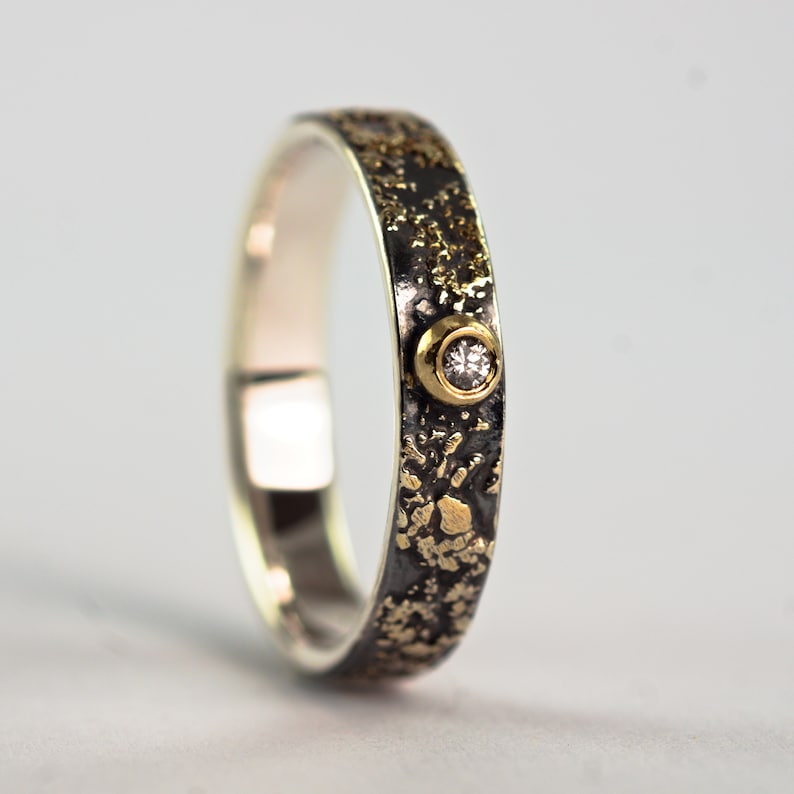 Gold Chaos Tiny Diamond, Oxidized Silver and 18kt Gold Alternative Rustic Engagement Ring image 6