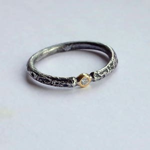 Rustic Diamond Unique Engagement Ring with Small Diamond, Sterling Silver and 18k Gold, Conflict Free image 6