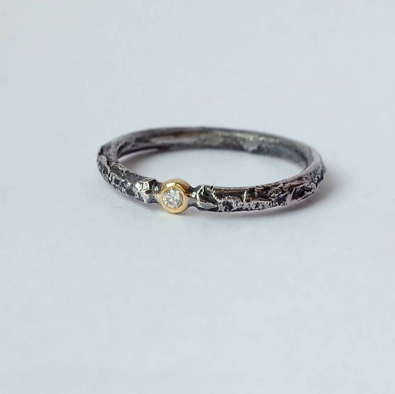 Rustic Diamond Unique Engagement Ring with Small Diamond, Sterling Silver and 18k Gold, Conflict Free image 7