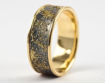 Gold Chaos Luxury - Oxidized Silver and 18k Gold Unique Contemporary Wedding Band