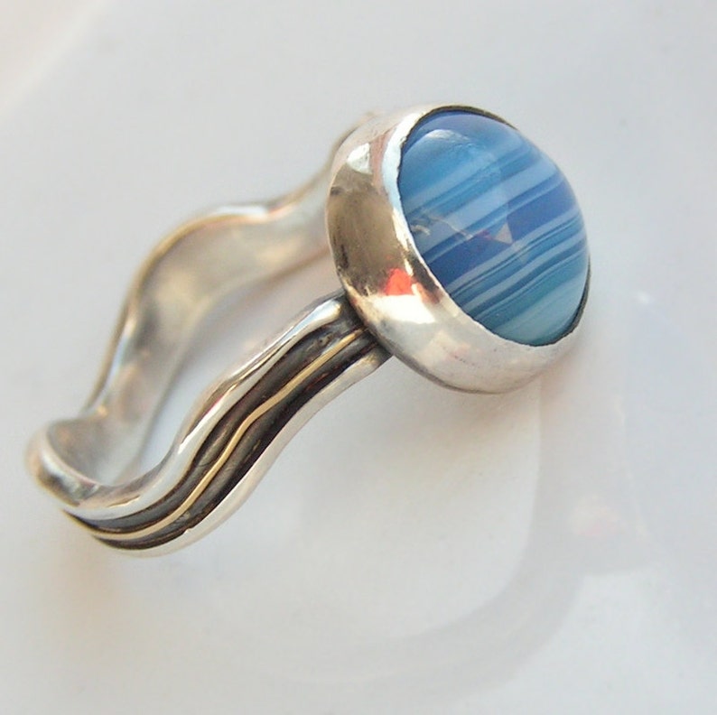 River Ring Sterling Silver and 18ct Yellow Gold Unique Ring with Blue Agate